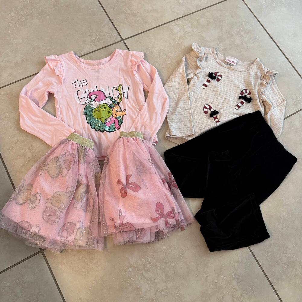 Girls Holiday Outfit Bundle Size 5 Grinch Candy Cane Tulle Skirt Velvet Leggings